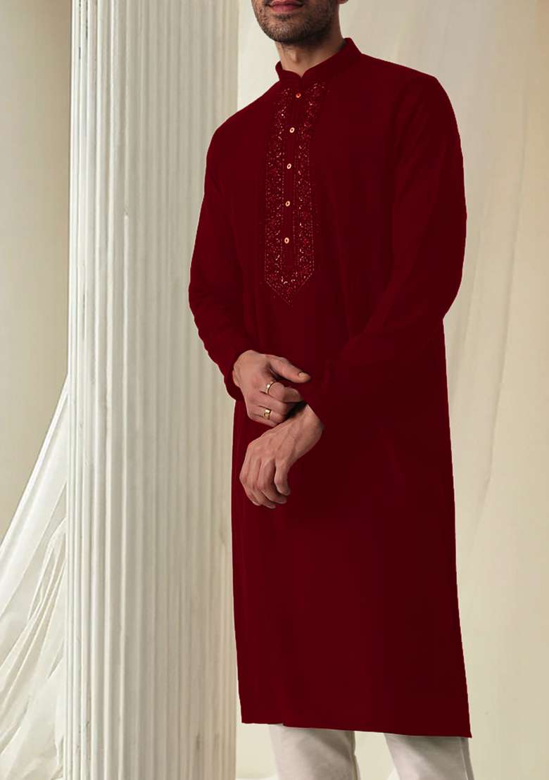 Maroon Hand Embroidered Kurta For Men - Indya