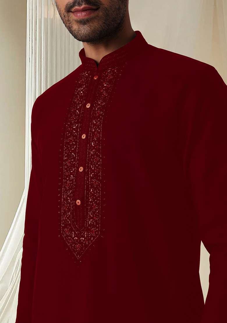 Maroon Hand Embroidered Kurta For Men - Indya