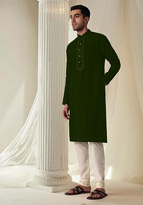 Green Hand Embroidered Kurta For Men