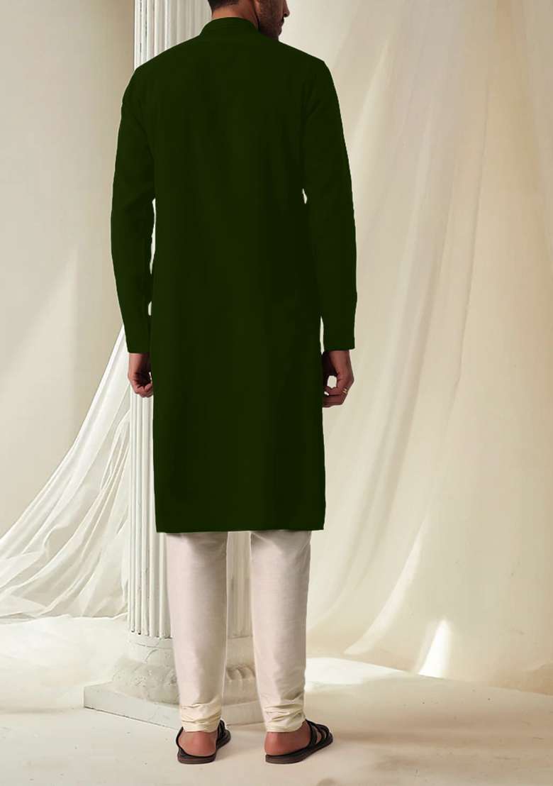 Green Hand Embroidered Kurta For Men - Indya