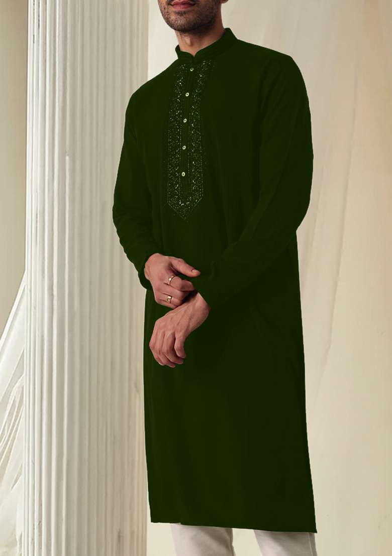 Green Hand Embroidered Kurta For Men - Indya