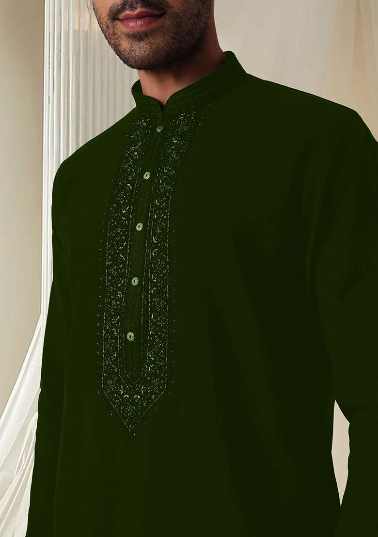 Green Hand Embroidered Kurta For Men - Indya