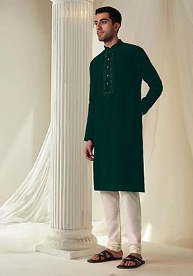 Teal Blue Hand Embroidered Kurta For Men