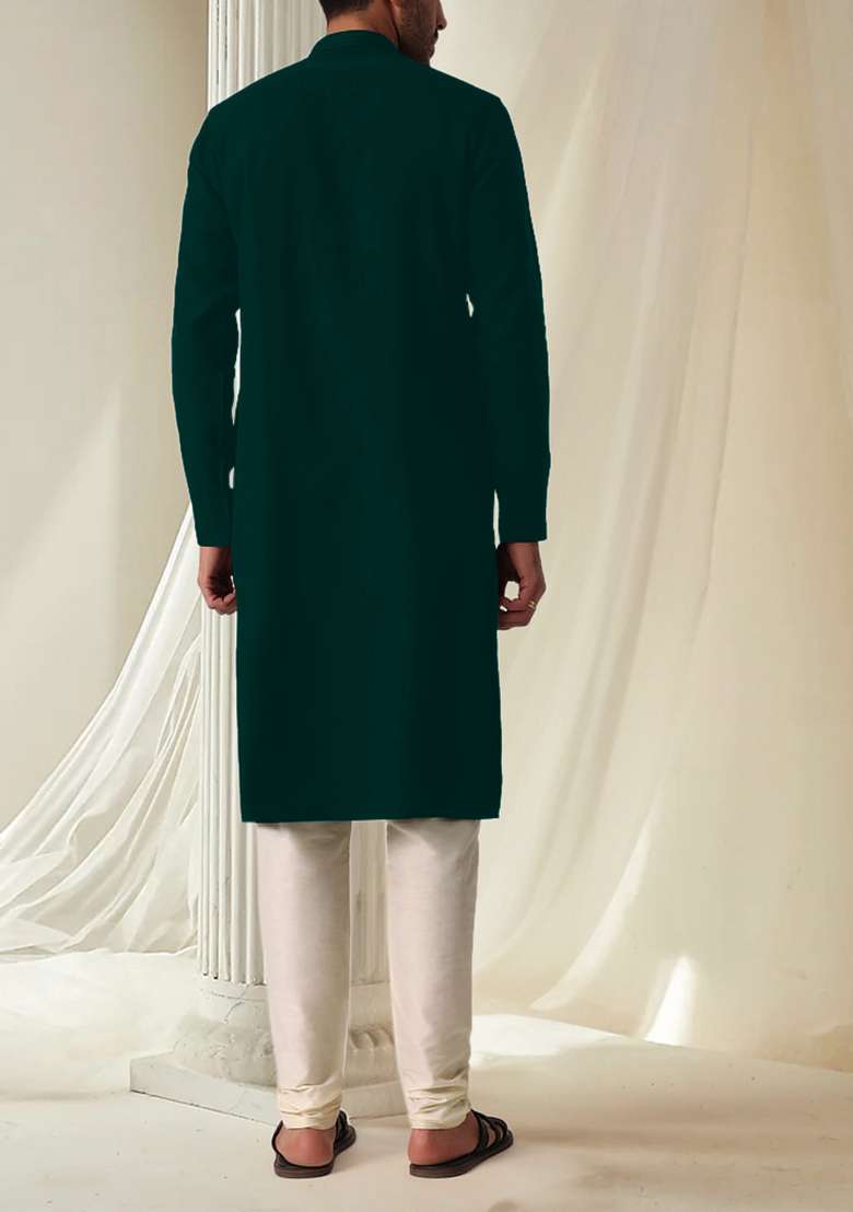 Teal Blue Hand Embroidered Kurta For Men - Indya