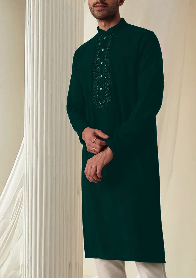 Teal Blue Hand Embroidered Kurta For Men - Indya