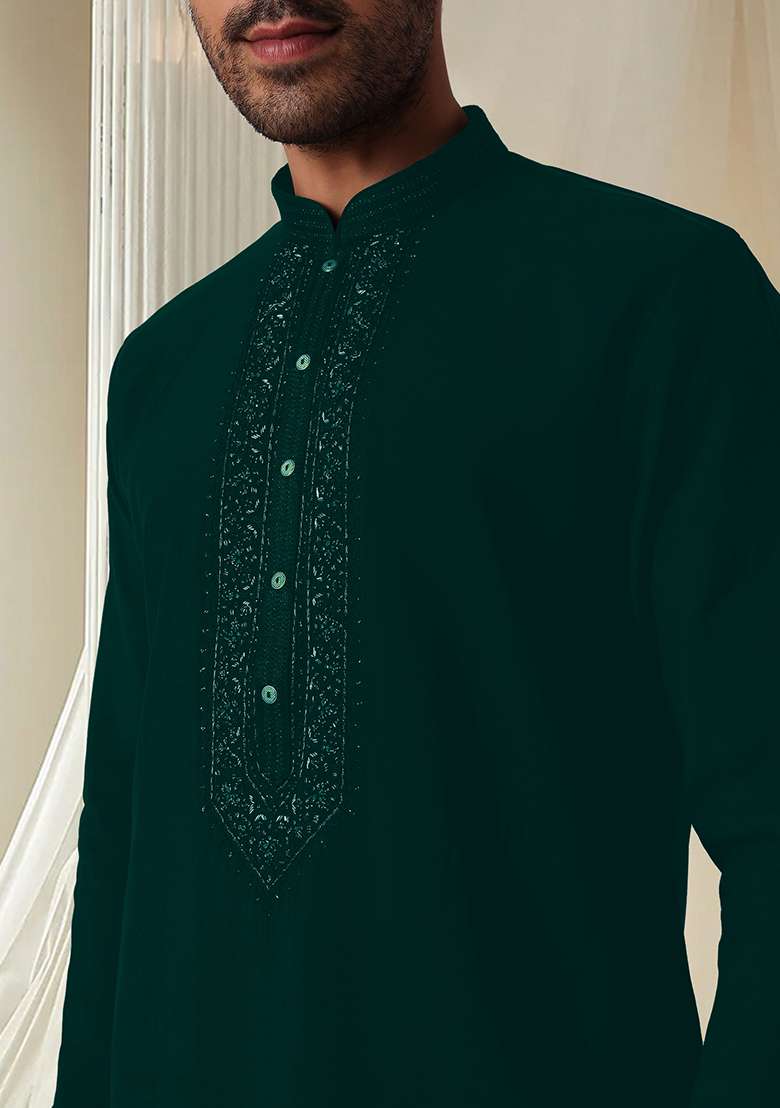 Teal Blue Hand Embroidered Kurta For Men - Indya