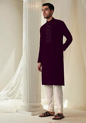 Dark Purple Hand Embroidered Kurta For Men