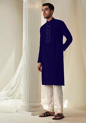 Blue Hand Embroidered Kurta For Men