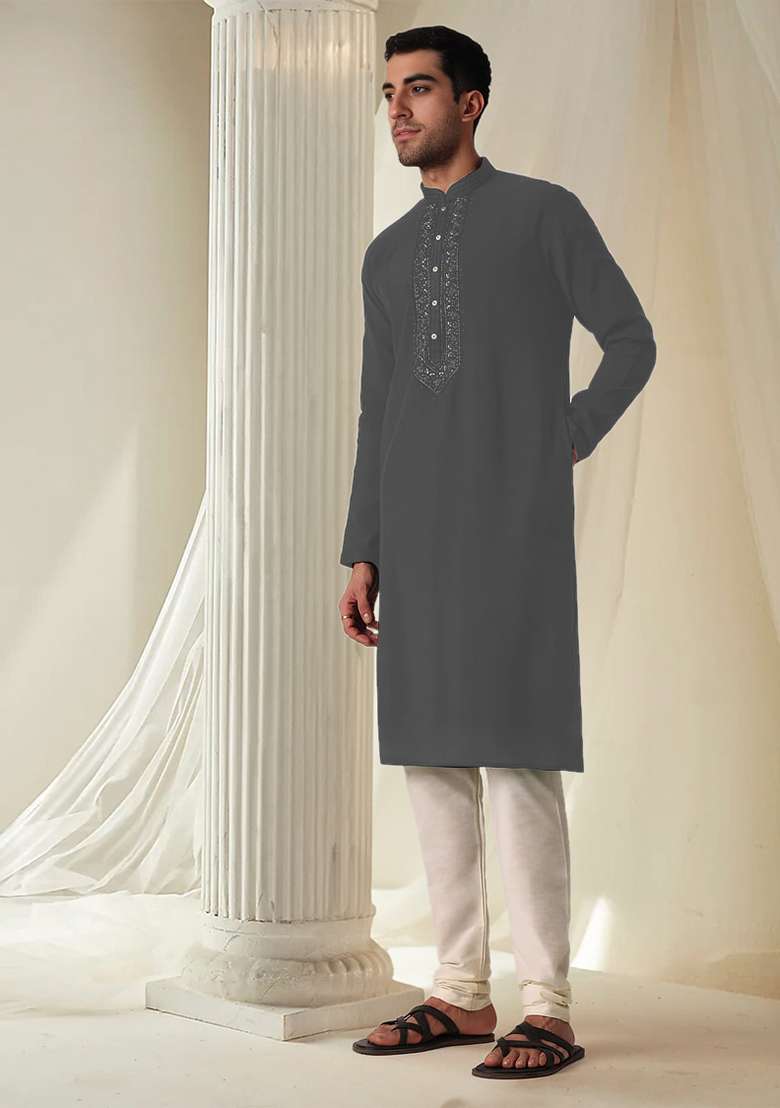 Grey Hand Embroidered Kurta For Men - Indya