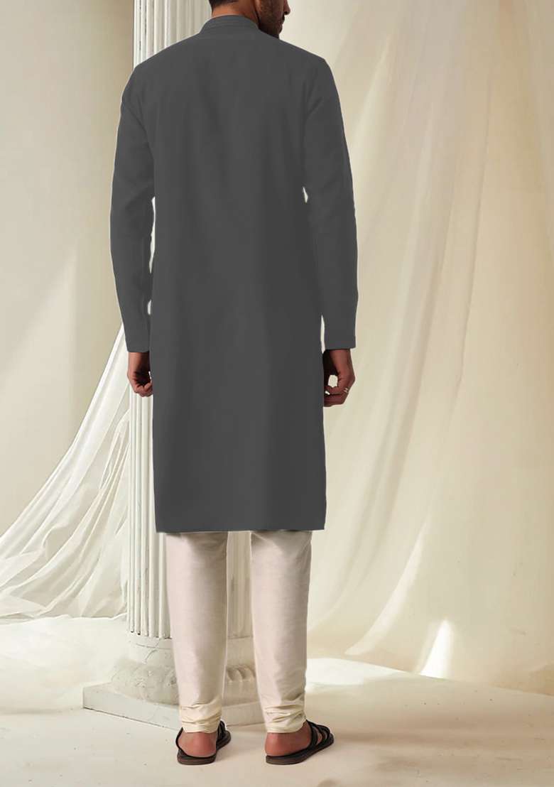 Grey Hand Embroidered Kurta For Men - Indya