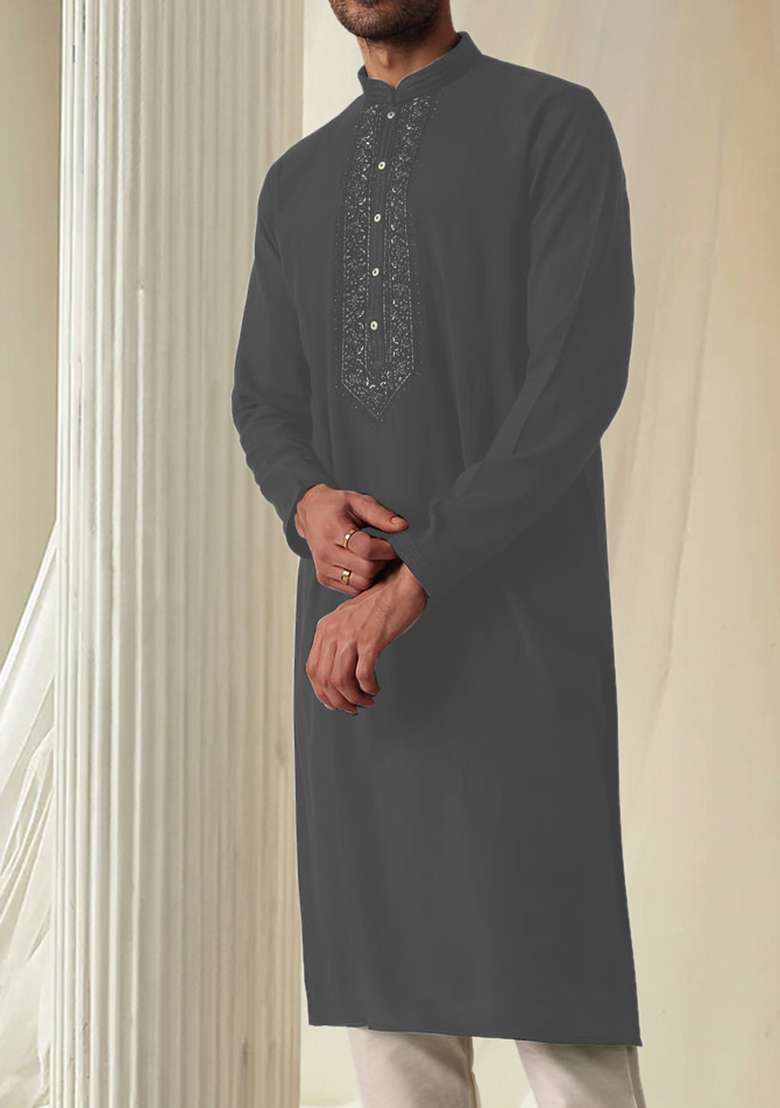 Grey Hand Embroidered Kurta For Men - Indya