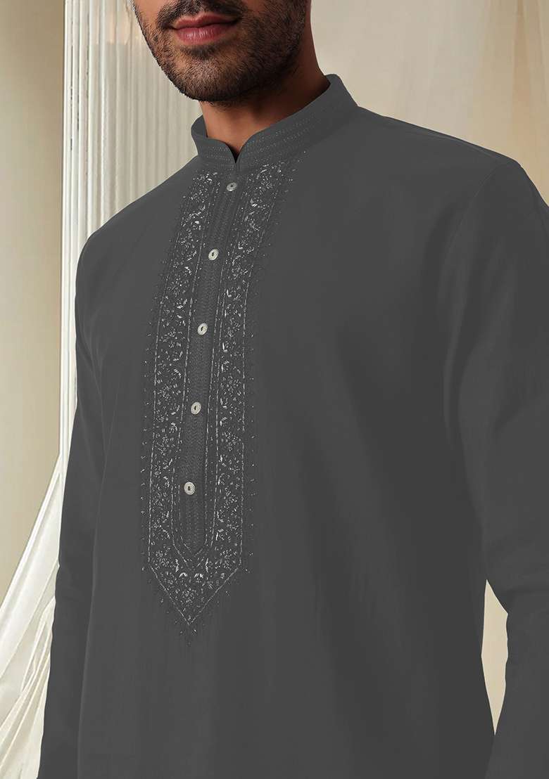 Grey Hand Embroidered Kurta For Men - Indya