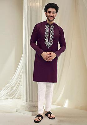 Dark Purple Hand Embroidered Kurta For Men