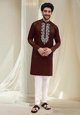 Brown Hand Embroidered Kurta For Men