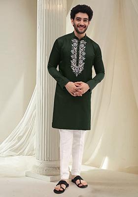 Green Hand Embroidered Kurta For Men