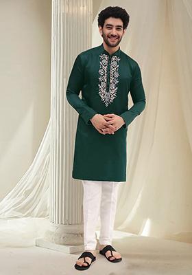 Teal Blue Hand Embroidered Kurta For Men