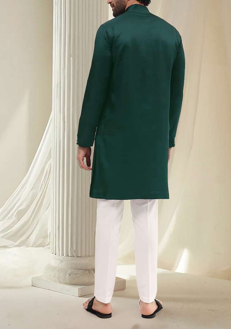 Teal Blue Hand Embroidered Kurta For Men - Indya