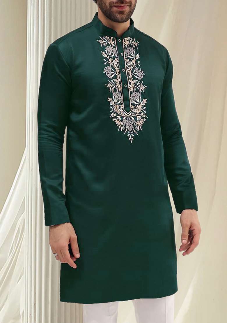 Teal Blue Hand Embroidered Kurta For Men - Indya