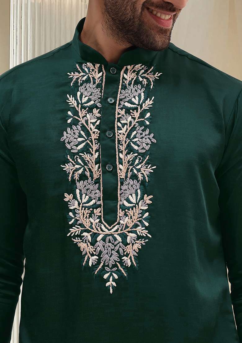 Teal Blue Hand Embroidered Kurta For Men - Indya