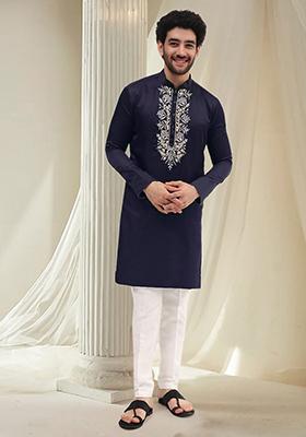 Blue Hand Embroidered Kurta For Men