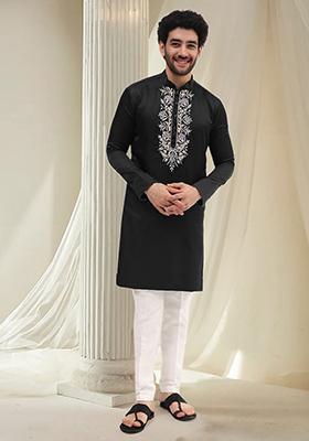 Black Hand Embroidered Kurta For Men