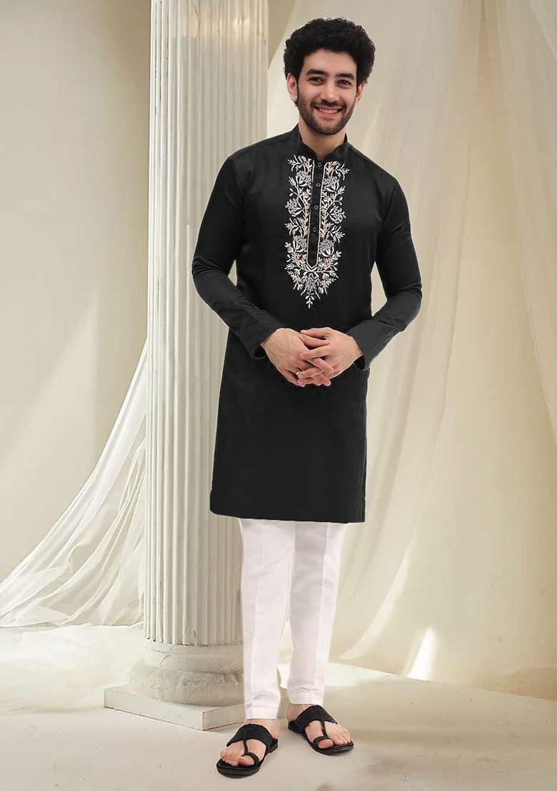Black Hand Embroidered Kurta For Men - Indya