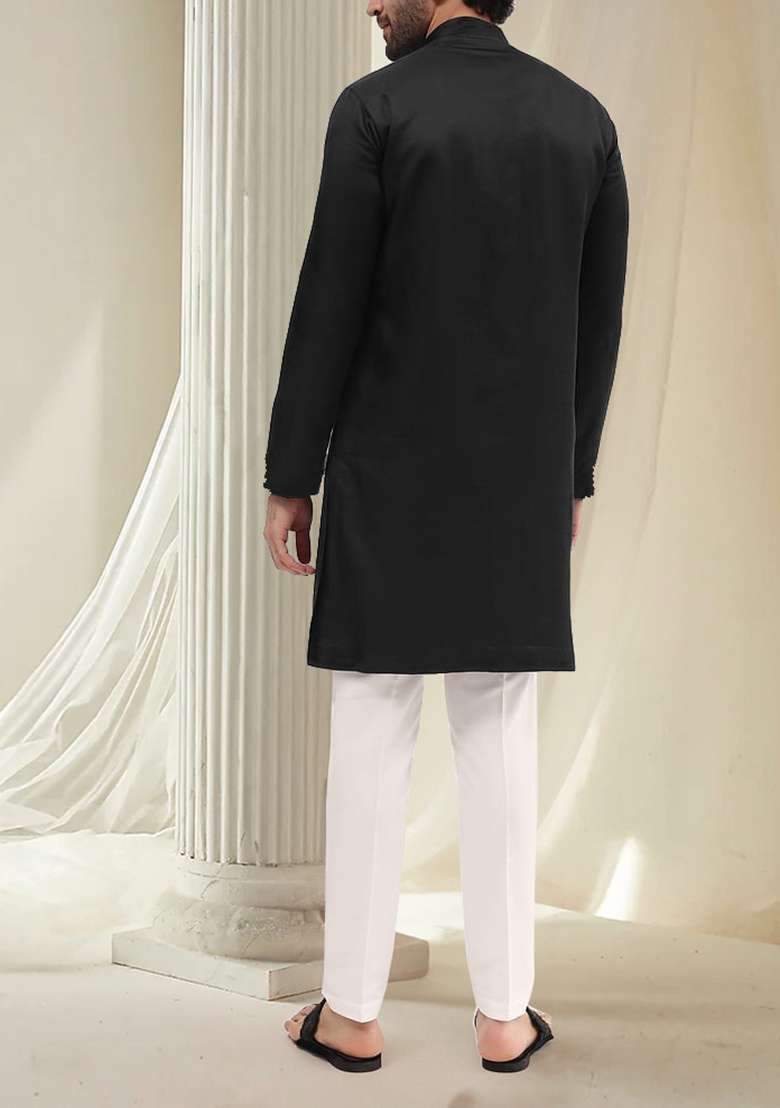 Black Hand Embroidered Kurta For Men - Indya