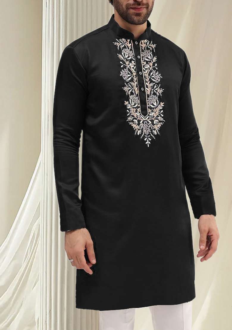 Black Hand Embroidered Kurta For Men - Indya