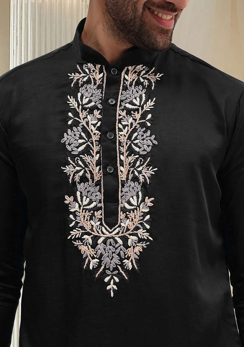 Black Hand Embroidered Kurta For Men - Indya