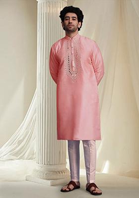 Peach Hand Embroidered Kurta For Men
