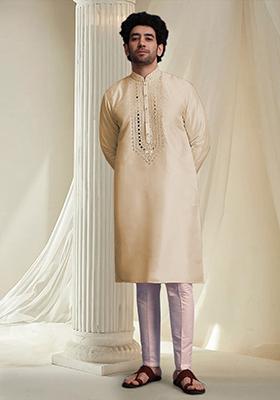 Cream Hand Embroidered Kurta For Men