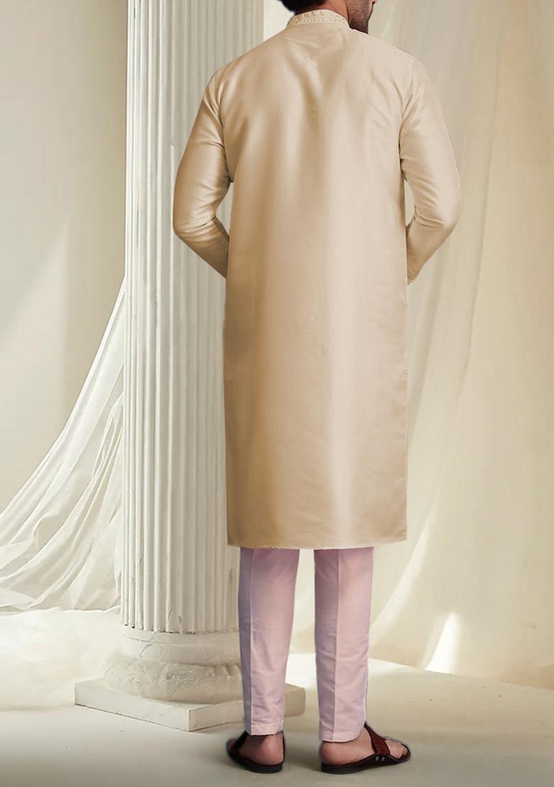 Cream Hand Embroidered Kurta For Men - Indya