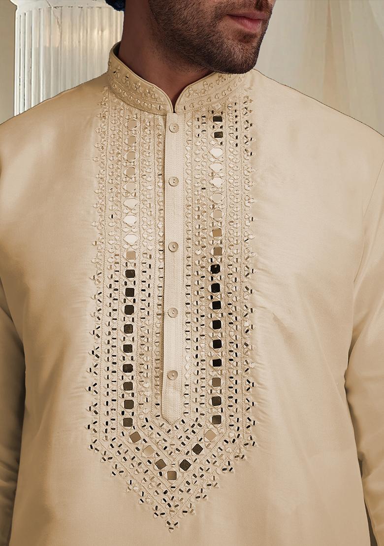 Cream Hand Embroidered Kurta For Men - Indya