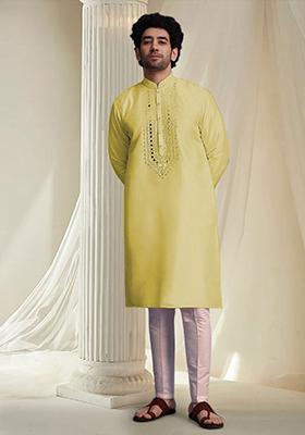 Yellow Hand Embroidered Kurta For Men