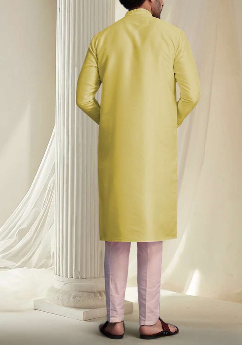 Yellow Hand Embroidered Kurta For Men - Indya