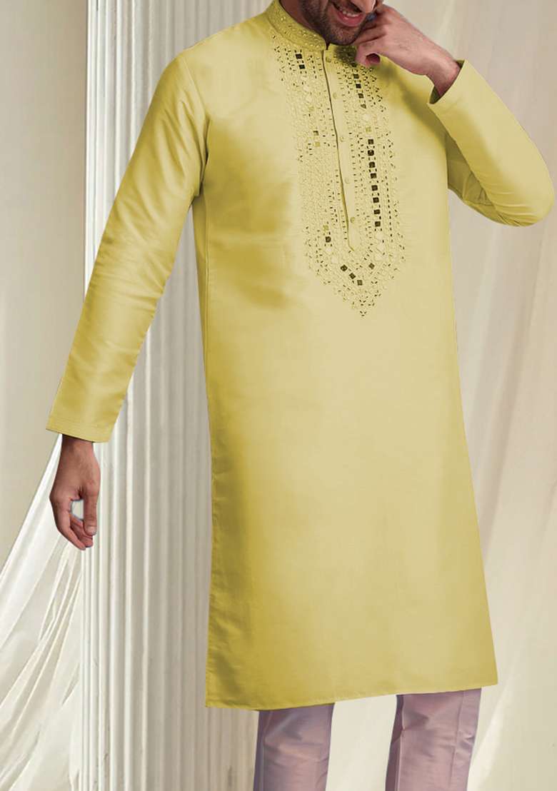 Yellow Hand Embroidered Kurta For Men - Indya