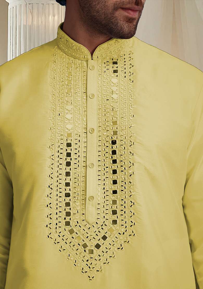 Yellow Hand Embroidered Kurta For Men - Indya