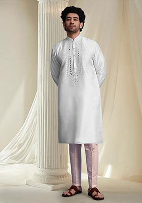 Off White Hand Embroidered Kurta For Men