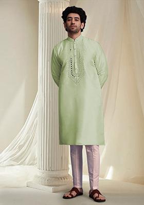 Olive Hand Embroidered Kurta For Men