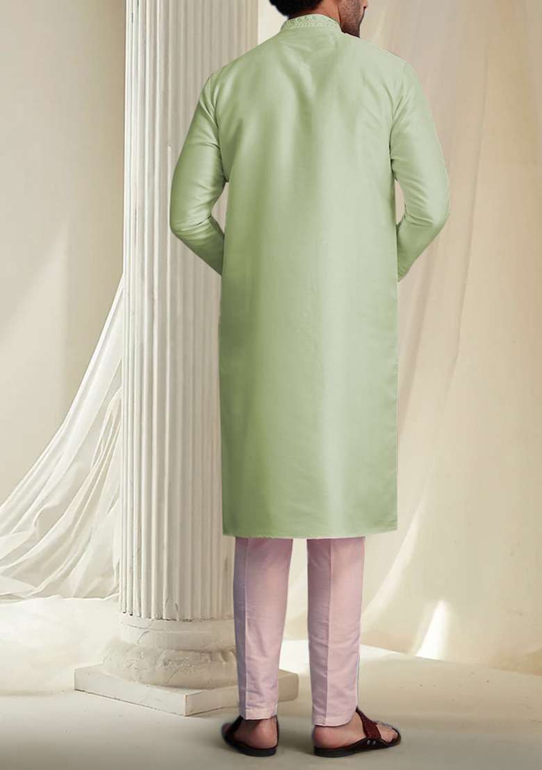 Olive Hand Embroidered Kurta For Men - Indya