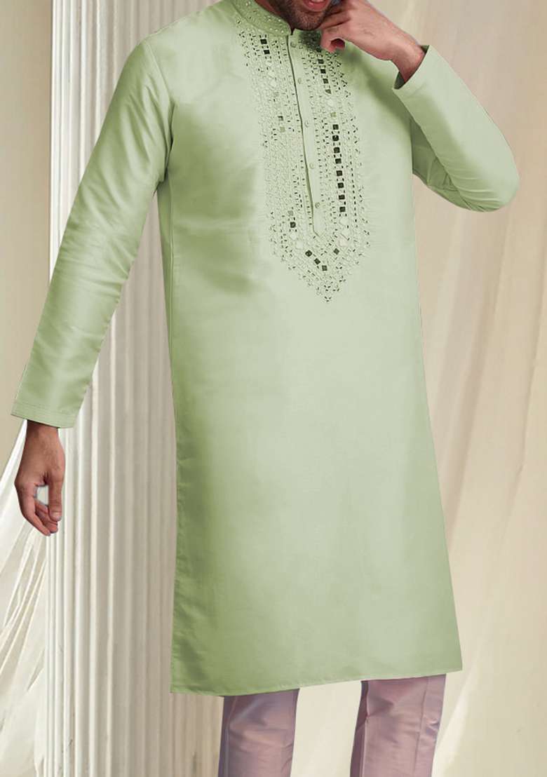 Olive Hand Embroidered Kurta For Men - Indya