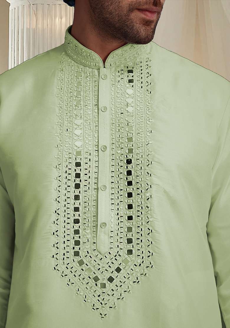 Olive Hand Embroidered Kurta For Men - Indya