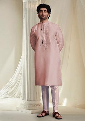 Blush Pink Hand Embroidered Kurta For Men