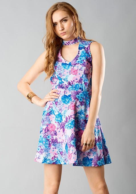 Buy Women Choker Skater Dress - Aqua Floral - Date Night Dress Online ...