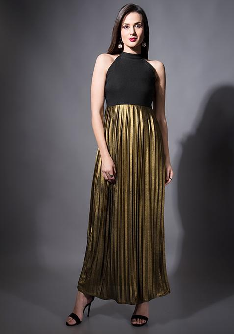 Gold Pleated Maxi Dress Online Womens Maxi Dresses