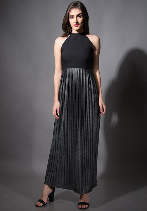 Silver Pleated Maxi Dress Online | Women's Maxi Dresses | FabAlley.com