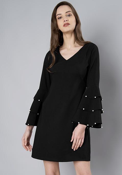 Buy Women Black Pearl Layered Bell Sleeve Dress - Trends Online India