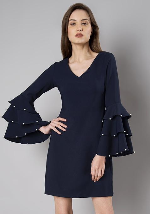 Navy Pearl Layered Bell Sleeve Dress
