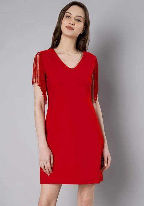 Buy Women Red Fringe Shoulder Mini Dress - Bodycon Dresses Online India ...