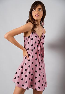 Pink Polka Dot Strappy Skater Dress